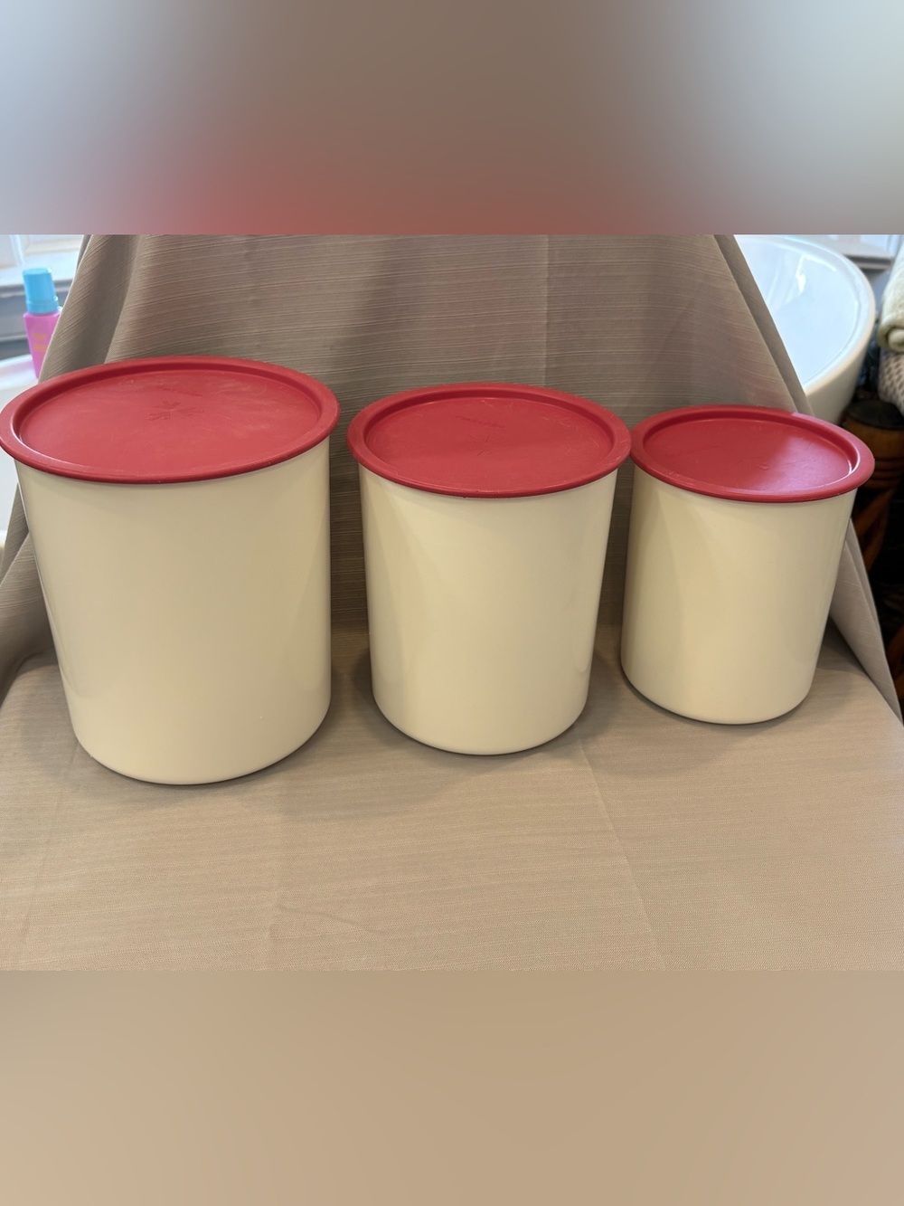 Vintage Tupperware Cream Kitchen Storage Canisters with Red Lids - Set of 3